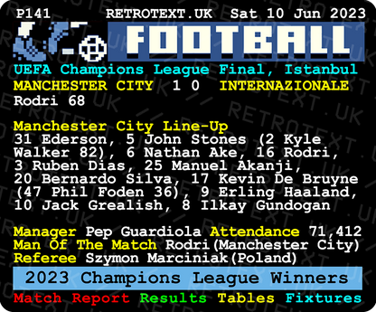 Retrotext Manchester City 2023 Champions League winners mug featuring a nostalgic teletext match report design
