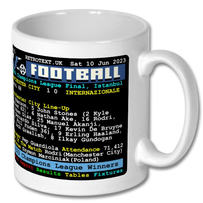 Retrotext Manchester City 2023 Champions League winners ceramic mug featuring a nostalgic teletext match report design