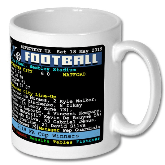 Retrotext Manchester City 2019 FA Cup winners ceramic mug featuring a retro teletext match score graphic