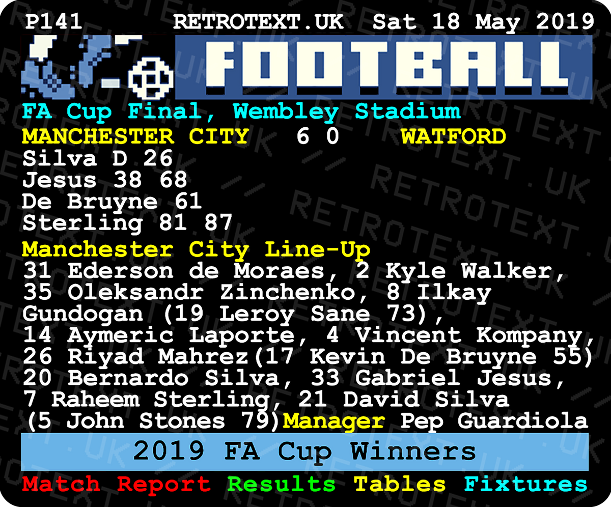 Retrotext Manchester City 2019 FA Cup final teletext graphic mug featuring match details and Pep Guardiola portrait