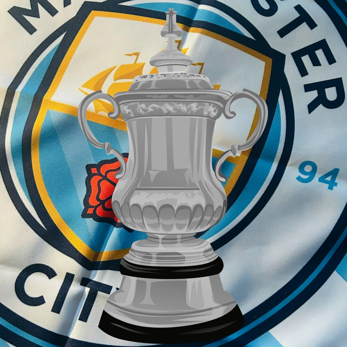 Retrotext Manchester City 2023 FA Cup winners trophy illustration on a ceramic mug