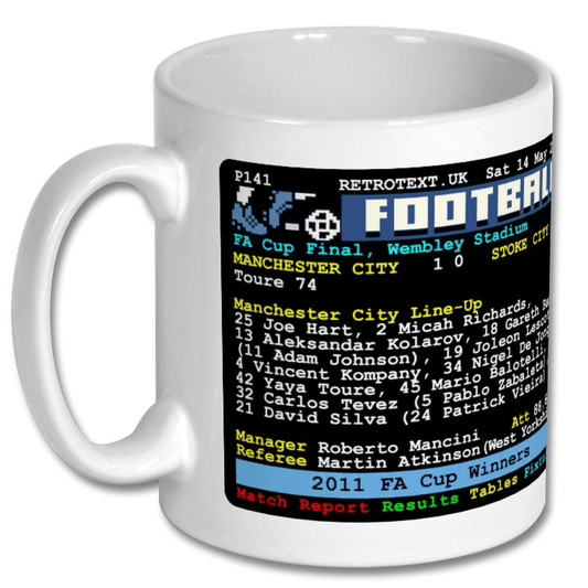 Retrotext Manchester City 2011 FA Cup Winners ceramic mug featuring a retro teletext match report design