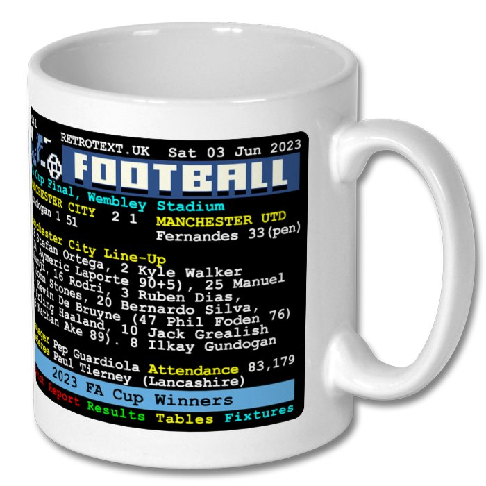 Retrotext Manchester City 2023 FA Cup winners ceramic mug featuring a retro teletext match score and line-up design.
