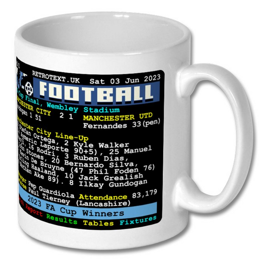 Retrotext Manchester City 2023 FA Cup winners ceramic mug featuring a retro teletext match score and line-up design.