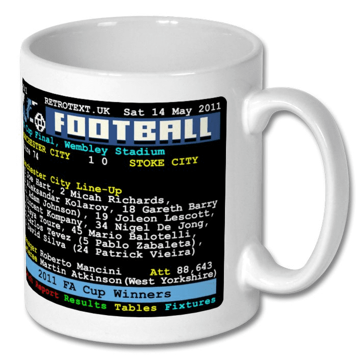 Retrotext Manchester City 2011 FA Cup winners ceramic mug featuring a retro teletext match report design