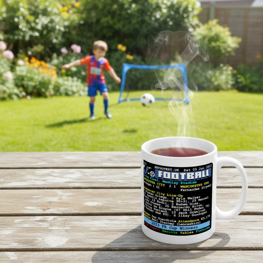 Retrotext Manchester City 2023 FA Cup winners ceramic mug with teletext design on a wooden table in a garden