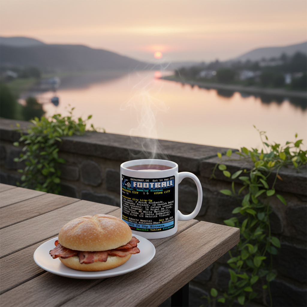 Retrotext Manchester City 2011 FA Cup winners teletext mug with a bacon roll on a balcony at sunset