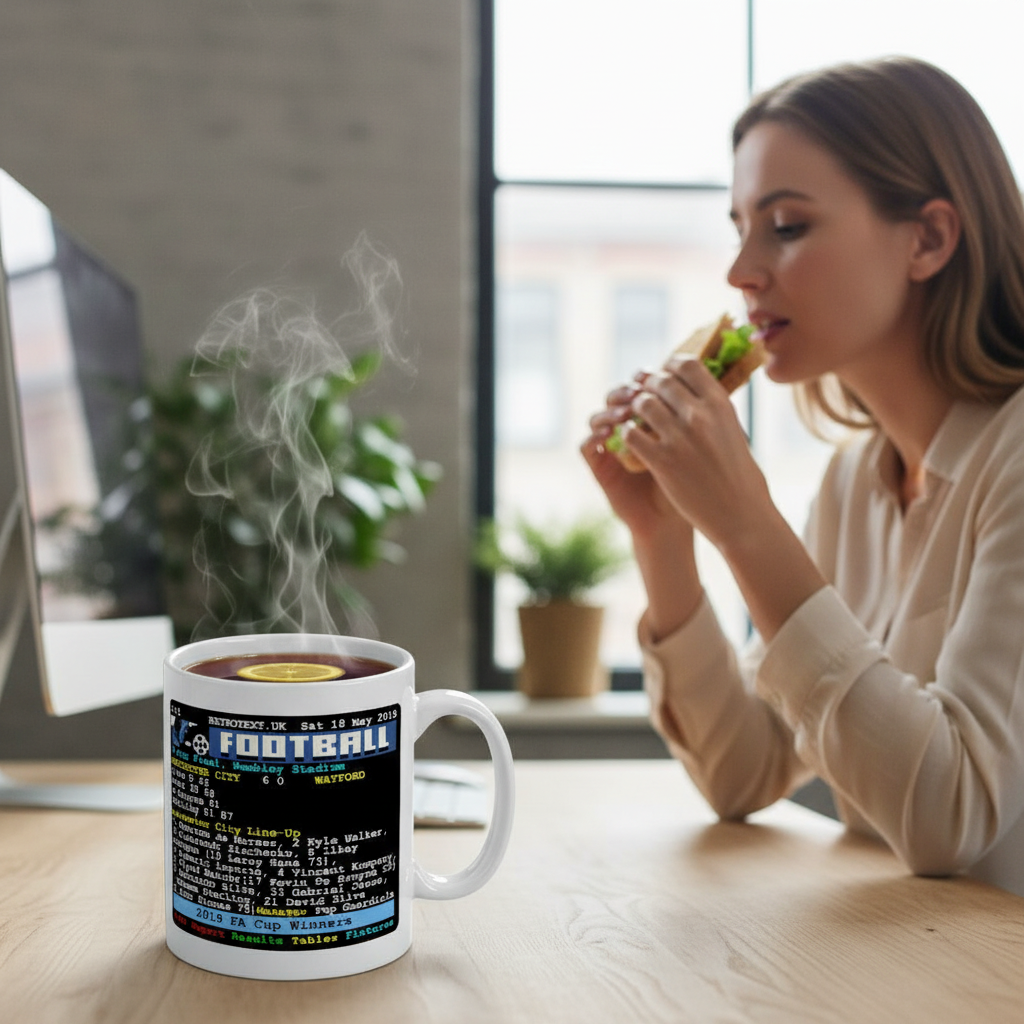 Retrotext Manchester City 2019 FA Cup winners ceramic mug with retro teletext match details on a wooden desk
