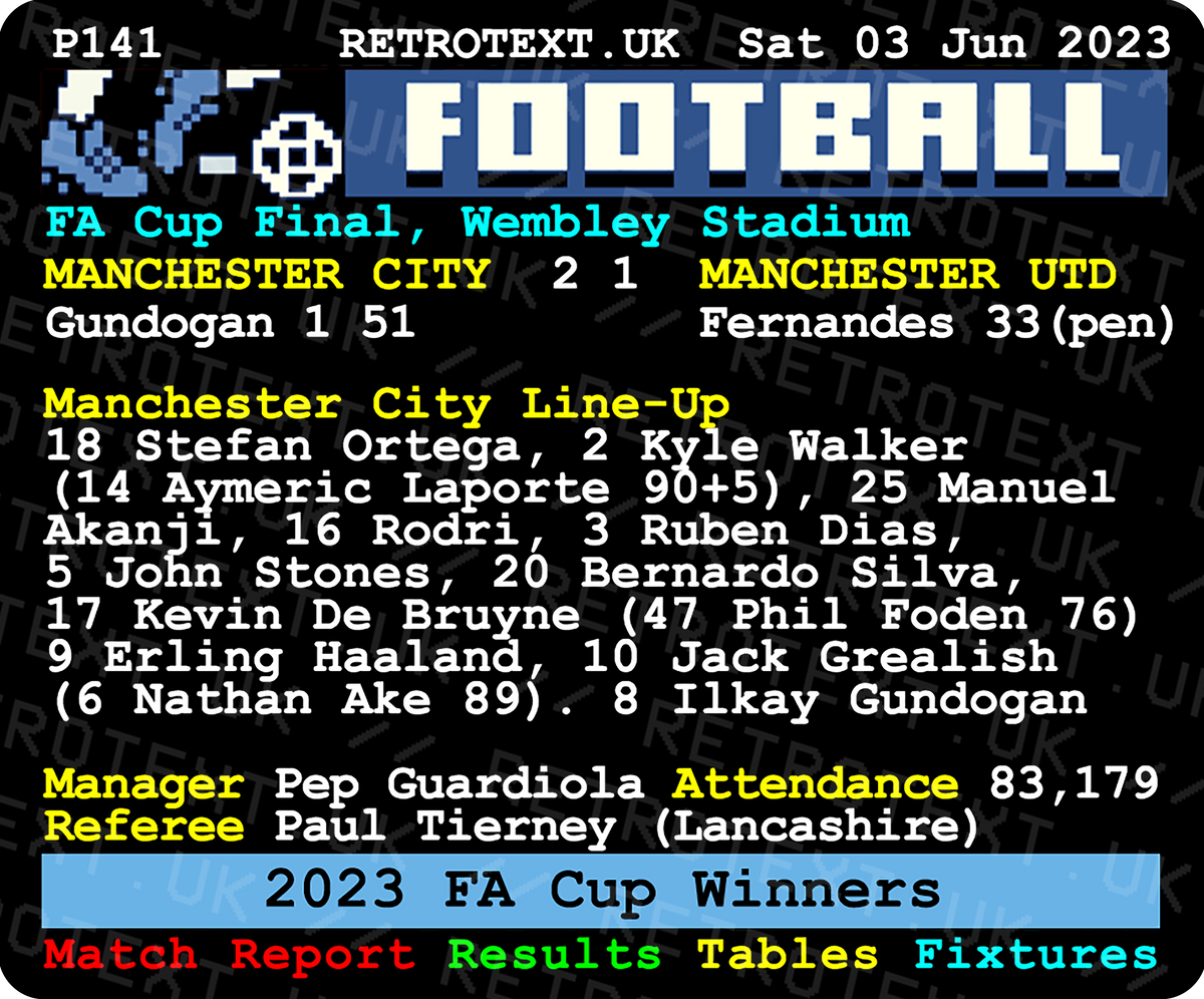 Retrotext Manchester City 2023 FA Cup final teletext design mug featuring match score and team line-up details