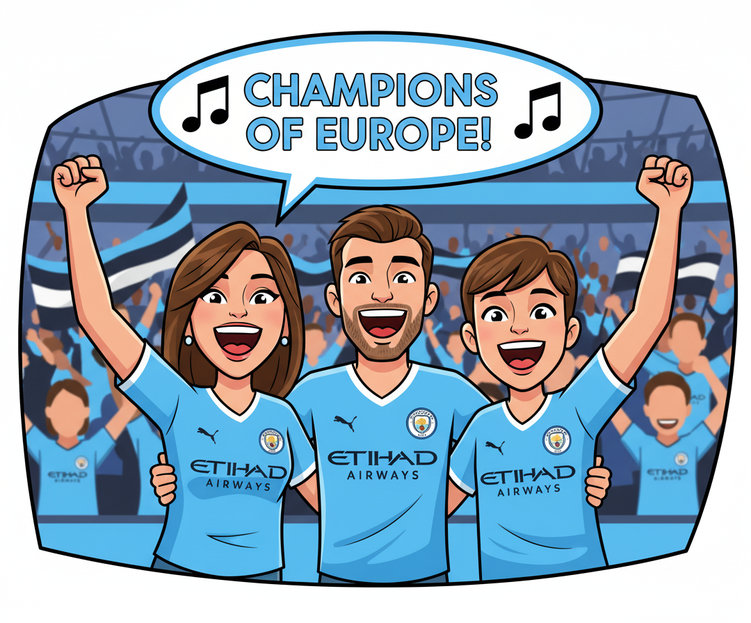 Retrotext Manchester City fans in blue kits celebrating Champions League victory with a speech bubble illustration