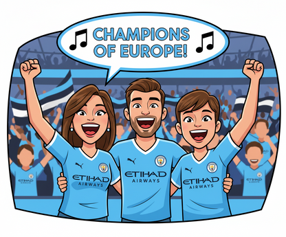 Retrotext Manchester City fans in blue kits celebrating Champions League victory with a speech bubble illustration