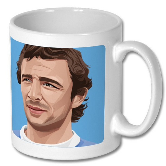 Retrotext Manchester City 1968 Division One Champions mug featuring a player illustration on a glossy white ceramic cup