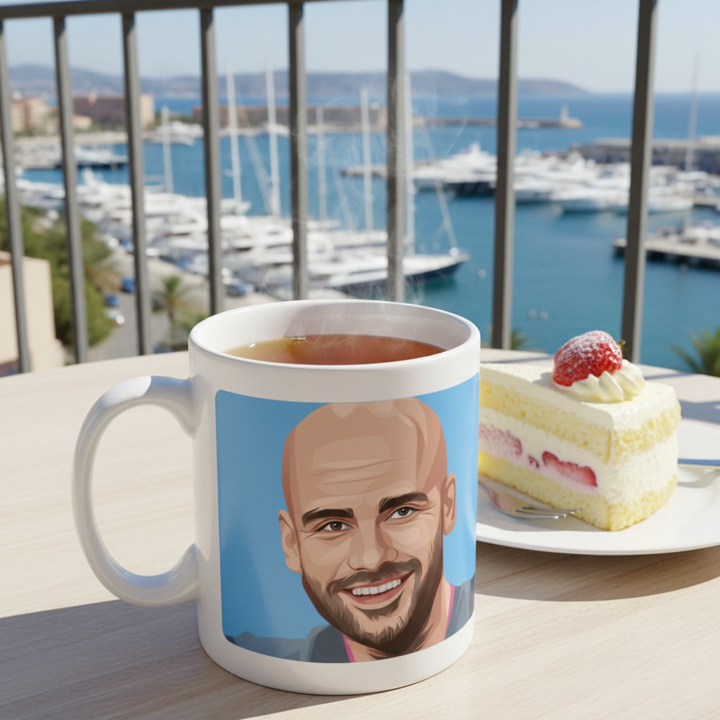 Retrotext Manchester City 2018 League Cup Winners ceramic mug featuring a portrait of Pep Guardiola on a balcony