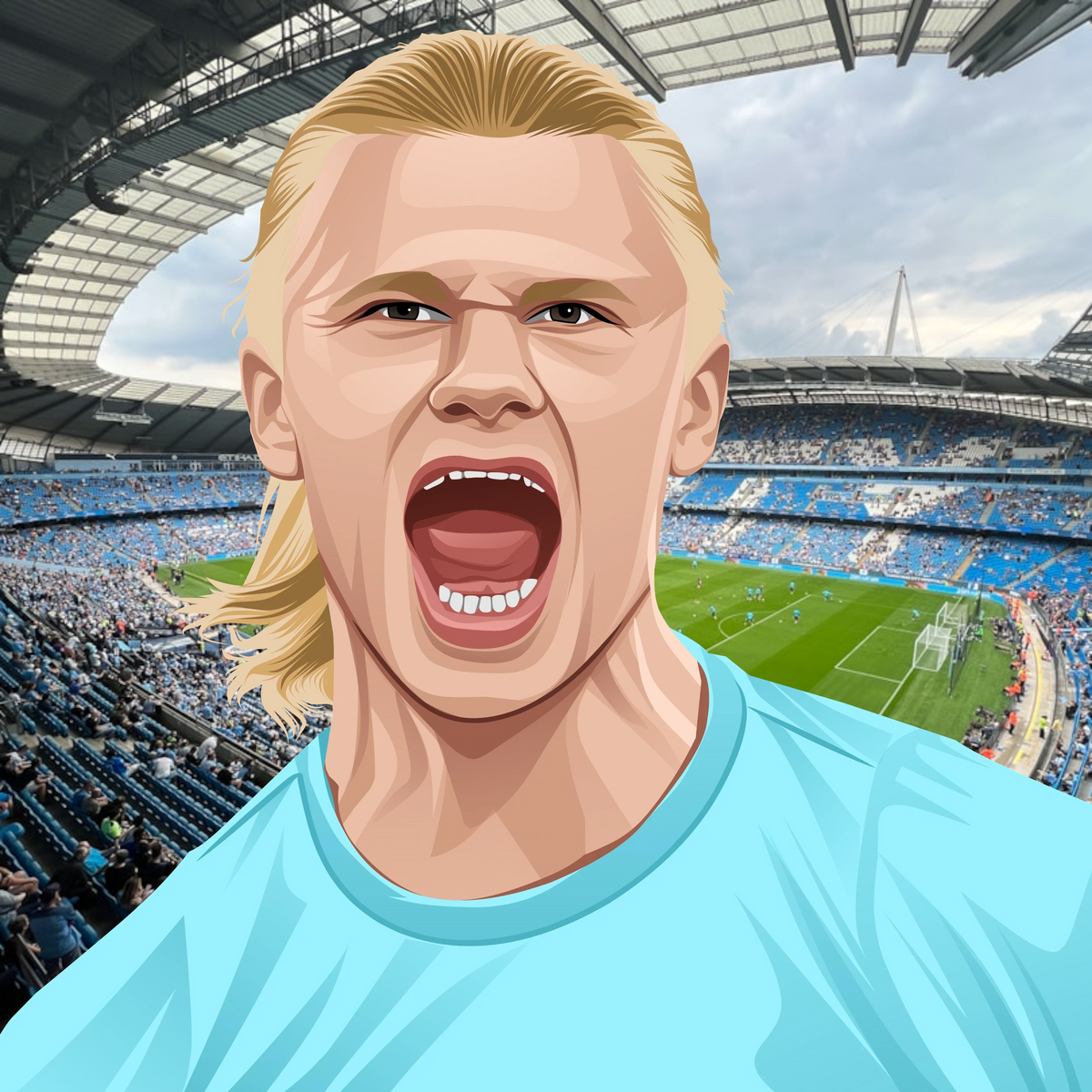 Retrotext Manchester City 2026 cup winners mug featuring a vibrant illustration of Erling Haaland at Etihad Stadium