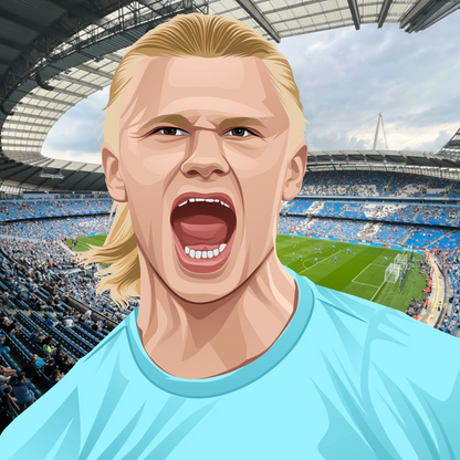 Retrotext Manchester City 2026 cup winners mug featuring a vibrant illustration of Erling Haaland at Etihad Stadium