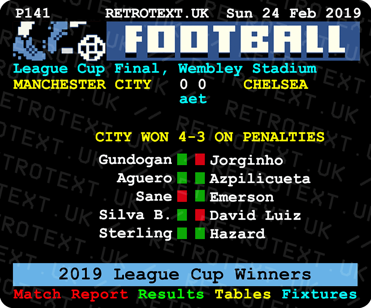 Retrotext Manchester City 2019 League Cup final teletext graphic on a ceramic mug showing the penalty shootout score.