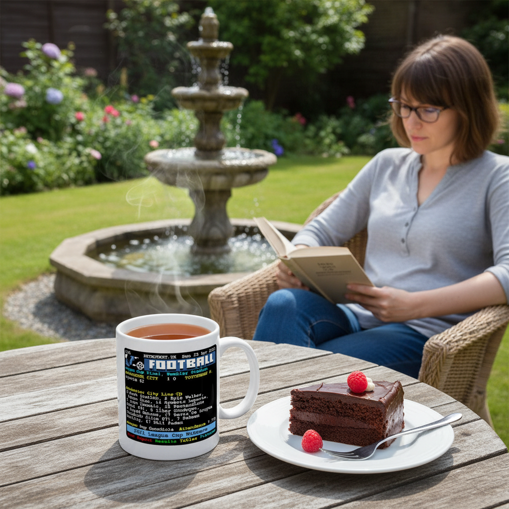 Retrotext Manchester City 2021 League Cup Winners mug with teletext graphic on a garden table next to chocolate cake