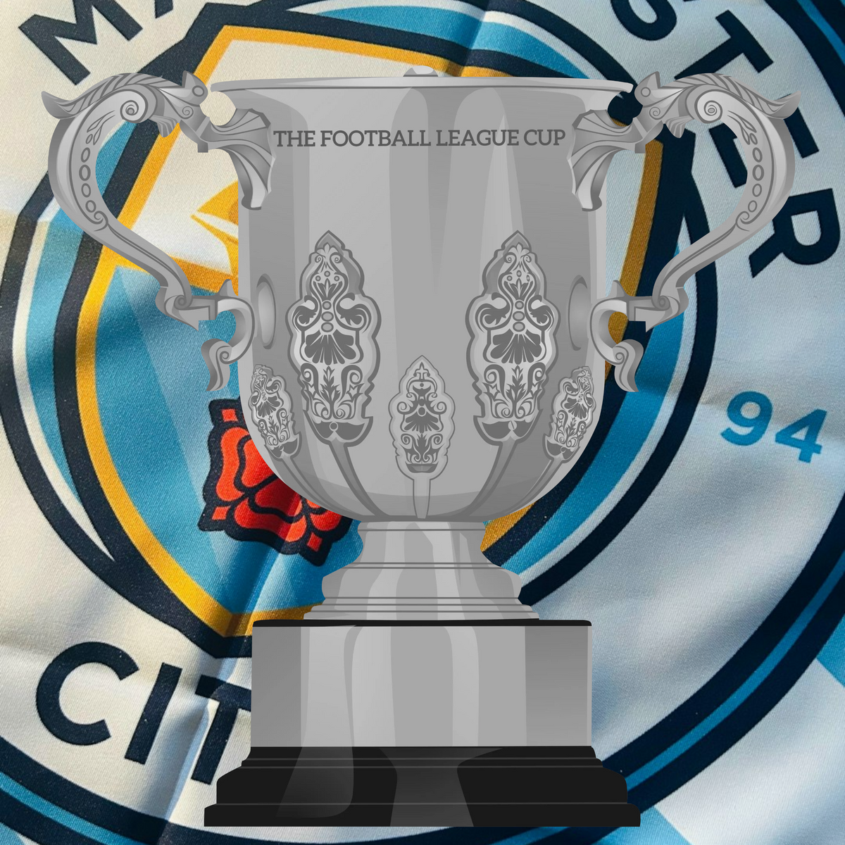 Retrotext Manchester City 2021 League Cup winners ceramic mug featuring a trophy graphic over a club crest background
