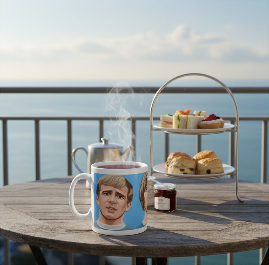Retrotext Manchester City mug featuring Colin Bell, Francis Lee, and Mike Summerbee on a balcony tea table.