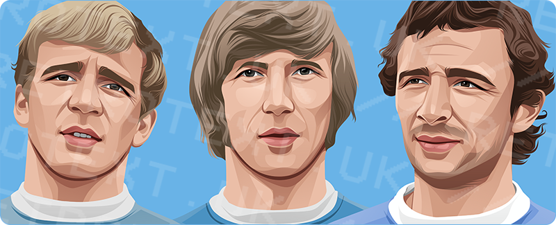 Retrotext Manchester City mug featuring illustrated portraits of football legends Colin Bell, Francis Lee, Mike Summerbee