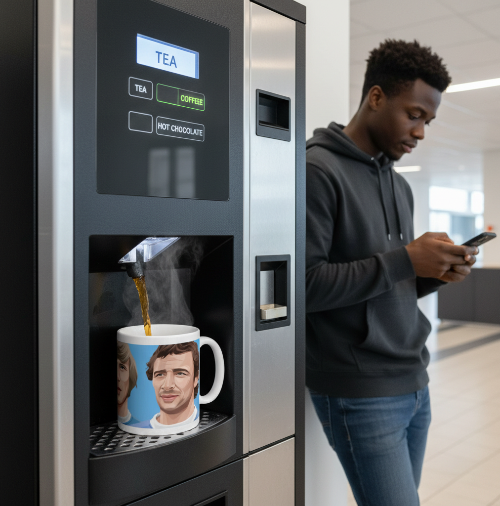 Retrotext Manchester City legends mug featuring Bell, Lee, and Summerbee being filled at an office coffee machine