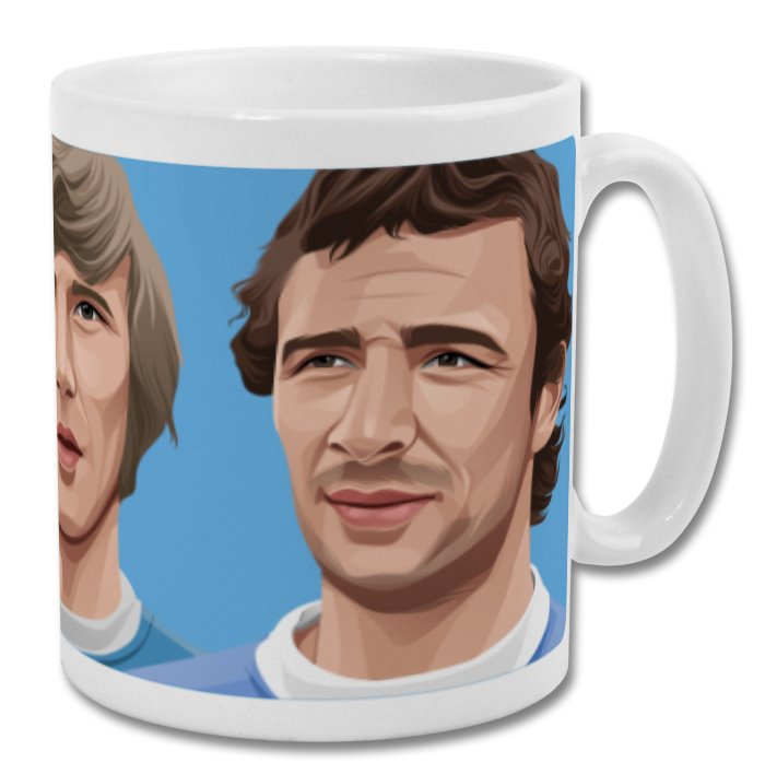 Retrotext Manchester City ceramic mug featuring illustrations of legends Colin Bell, Francis Lee, and Mike Summerbee.
