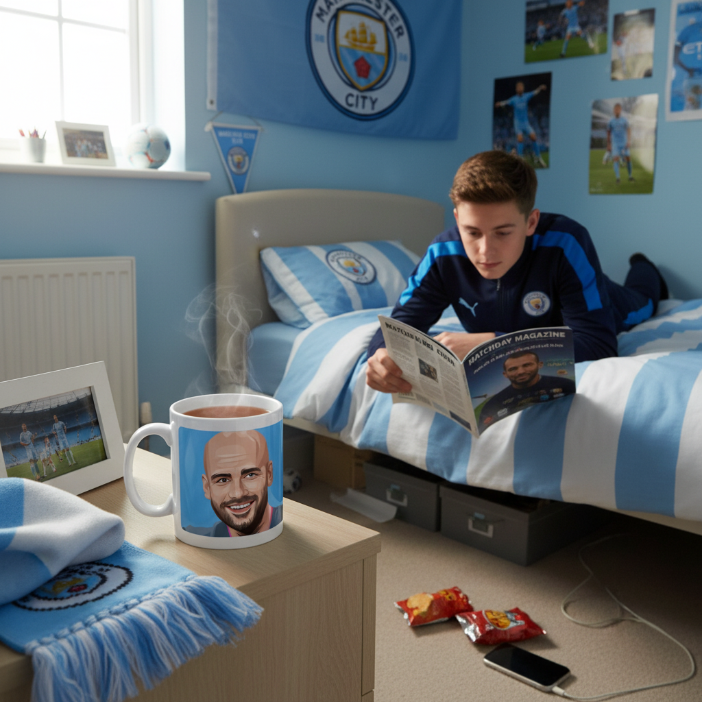 Retrotext Manchester City 2022 Champions mug featuring Pep Guardiola on a desk in a fan bedroom