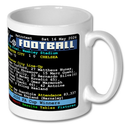 Retrotext Manchester City 2026 FA Cup winners ceramic mug featuring a vintage teletext-style match report design.