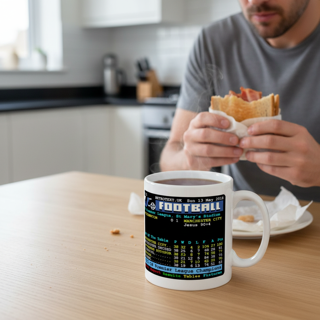 Retrotext Manchester City 2018 Premier League Champions teletext design glossy white 11oz ceramic coffee mug