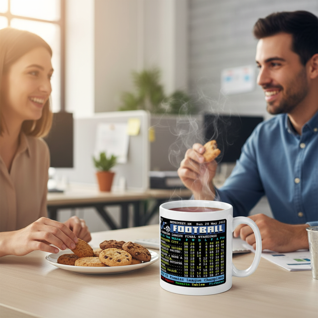 Retrotext Manchester City 2023 Premier League champions ceramic mug with teletext design on a desk with two people