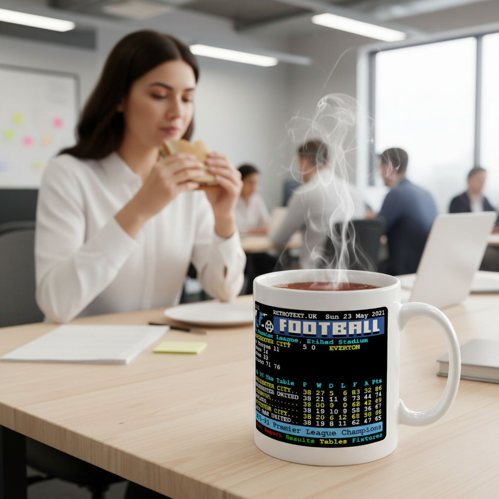 Retrotext Manchester City 2021 Premier League Champions ceramic mug with teletext graphic on a wooden office desk.