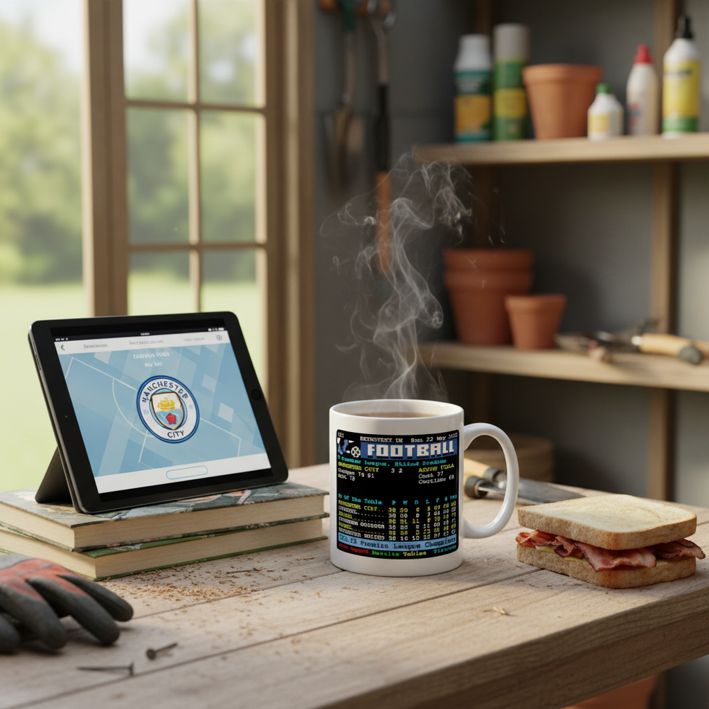Retrotext Manchester City 2022 Premier League Champions teletext design mug on a wooden desk with a tablet and sandwich