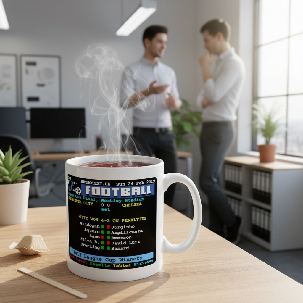 Retrotext Manchester City 2019 League Cup mug with teletext graphic on a desk with two men talking in the background.