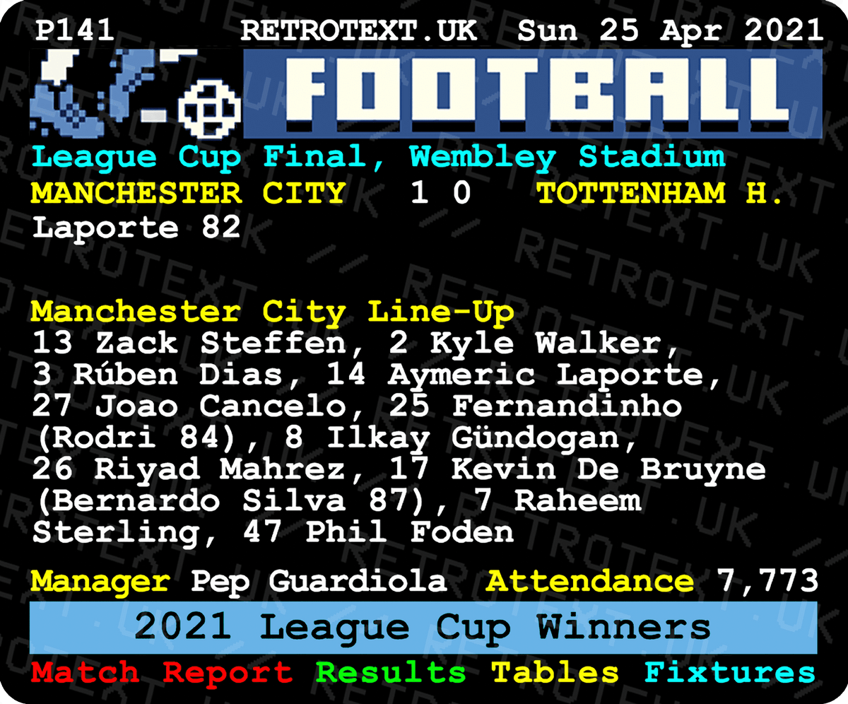 Retrotext Manchester City 2021 League Cup winners ceramic mug featuring a retro teletext match report graphic