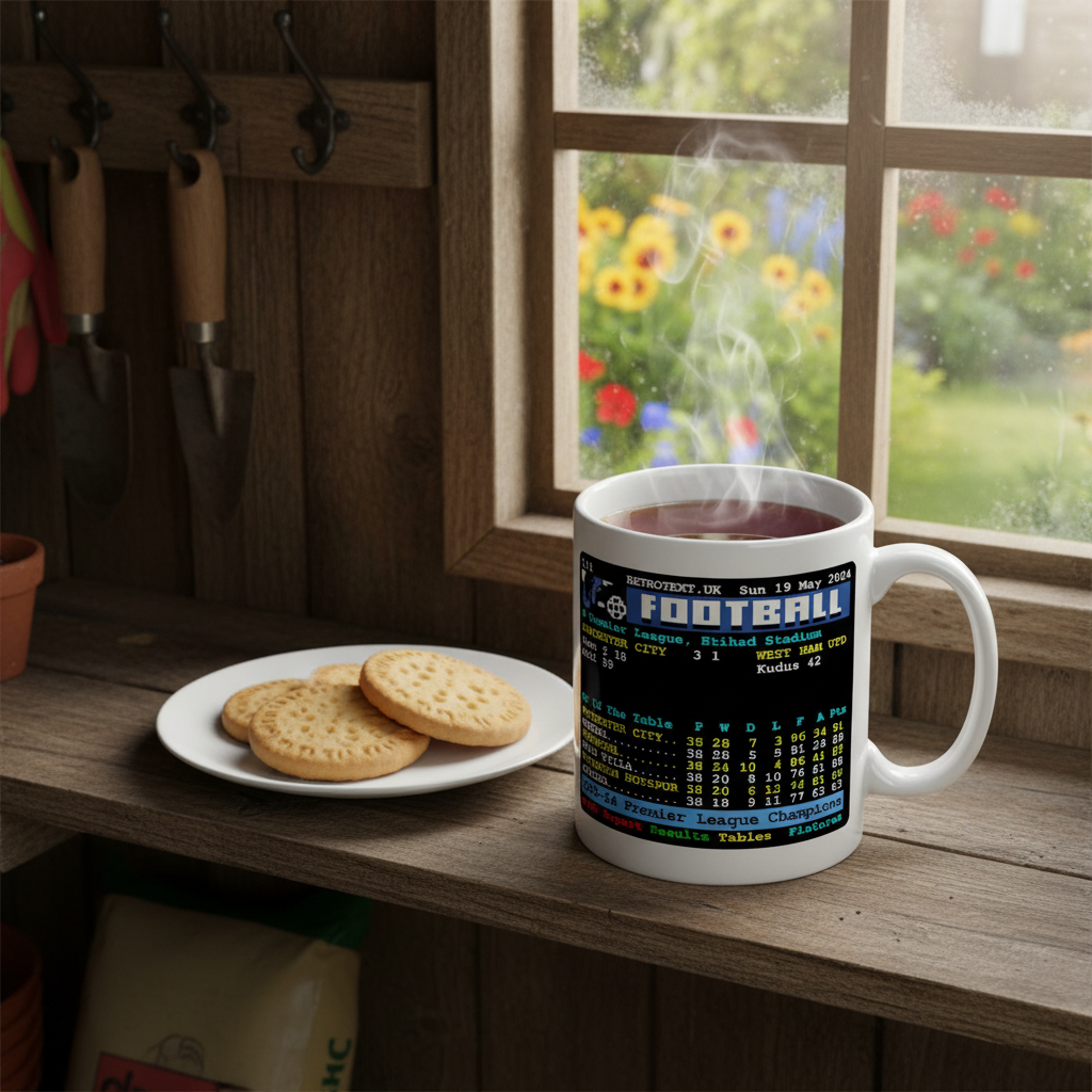 Retrotext Manchester City 2024 Premier League Champions mug with teletext design on a wooden windowsill with biscuits.