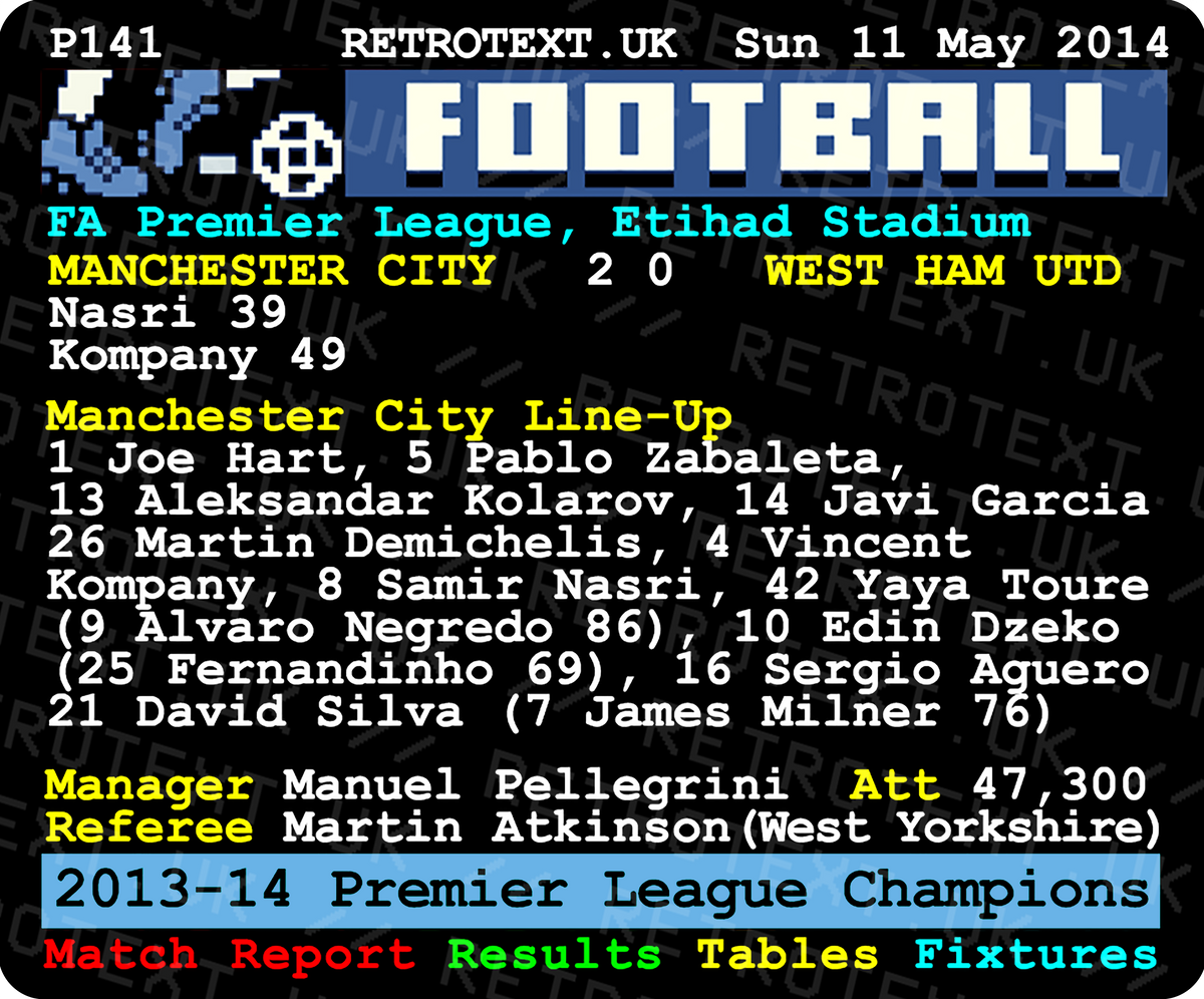 Retrotext Manchester City 2014 Premier League Champions teletext style mug featuring the match report and line-up.