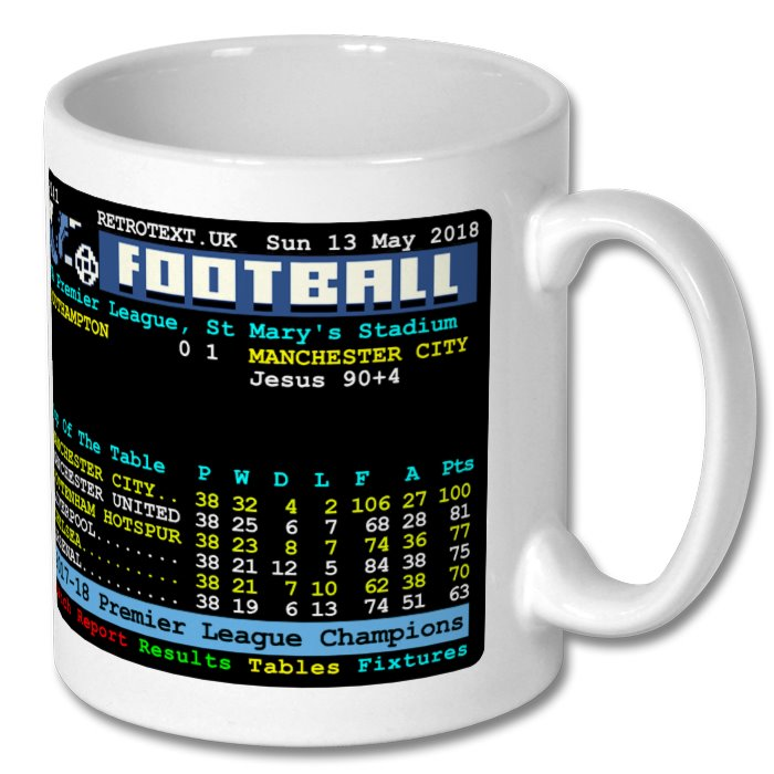 Retrotext white ceramic mug featuring a 2018 Manchester City Premier League champions teletext style graphic design.