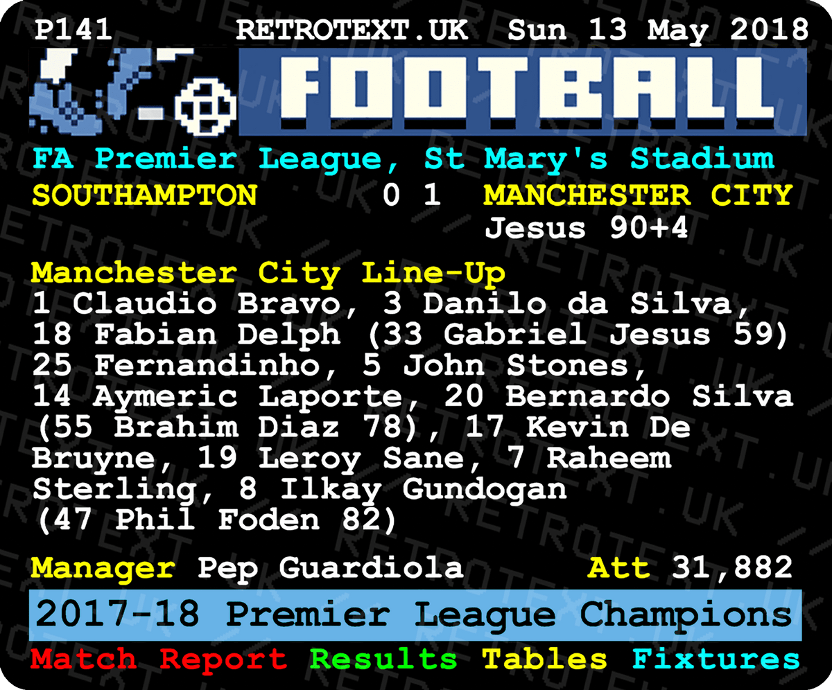 Retrotext Manchester City 2018 Premier League Champions glossy white 11oz mug featuring a vintage teletext match report