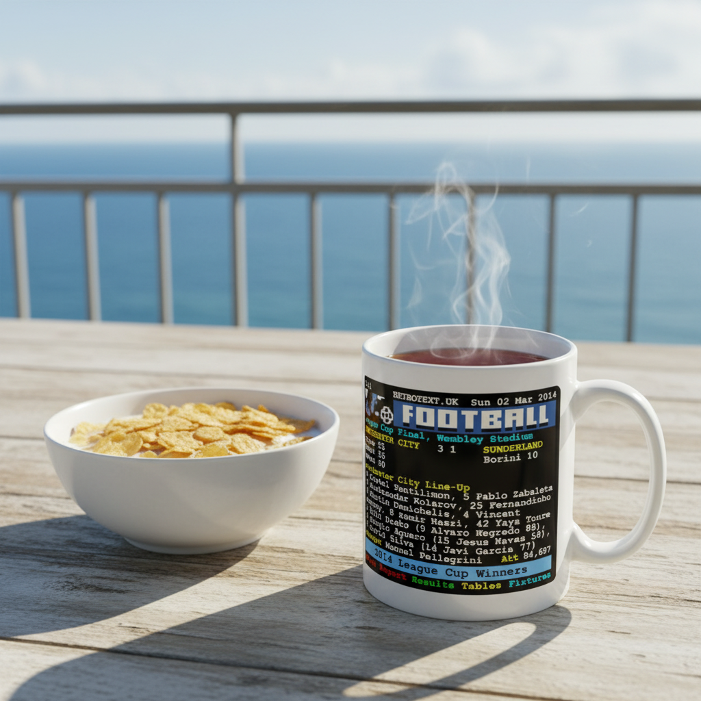 Retrotext Manchester City 2014 League Cup Winners ceramic mug with teletext graphic on a wooden table by the sea.