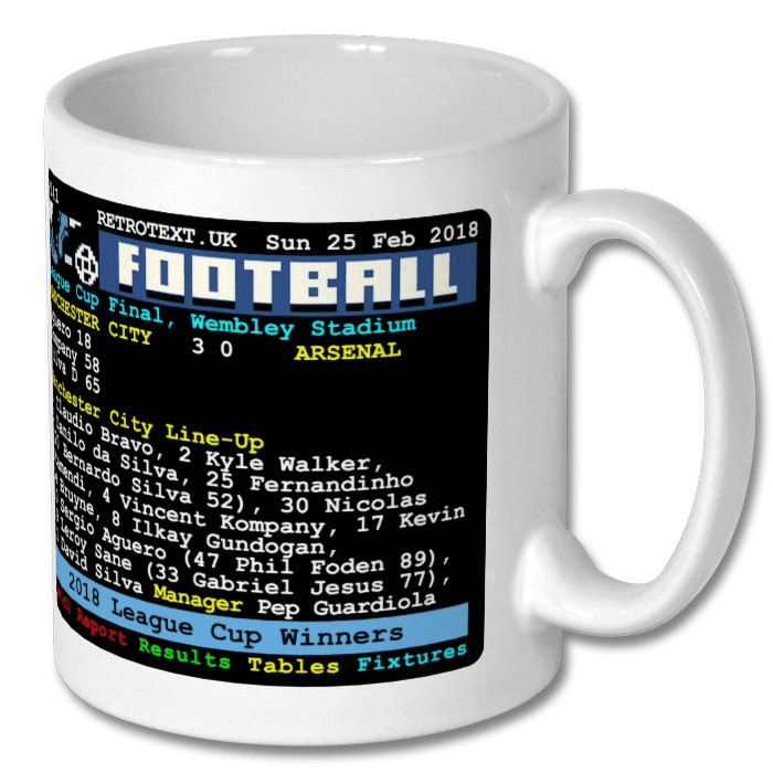 Retrotext Manchester City 2018 League Cup winners ceramic mug featuring a retro teletext match score graphic