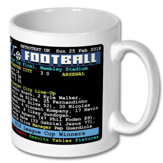 Retrotext Manchester City 2018 League Cup winners ceramic mug featuring a retro teletext match score graphic