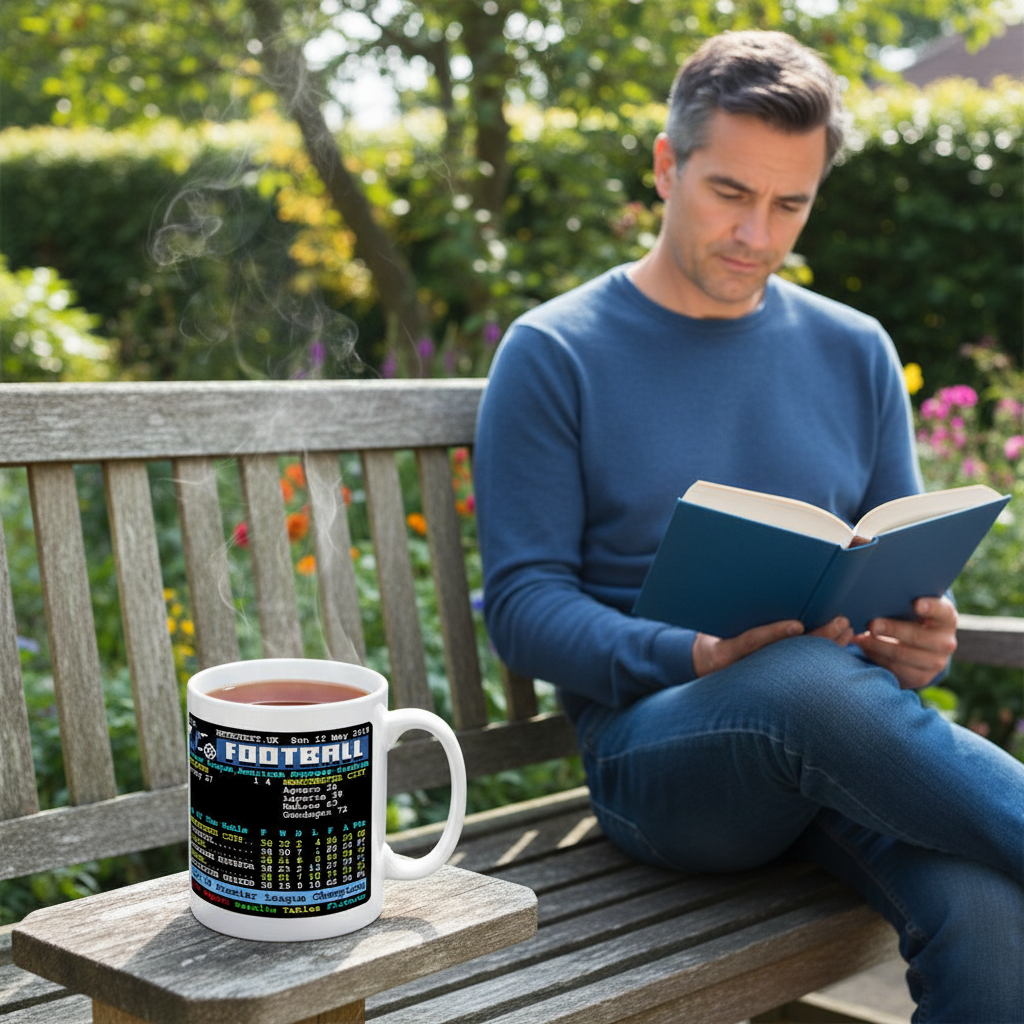 Retrotext Manchester City 2019 Premier League Champions teletext mug on a garden bench next to a man reading a book.