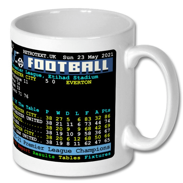 Retrotext Manchester City 2021 Premier League Champions ceramic mug featuring a retro teletext match score graphic.