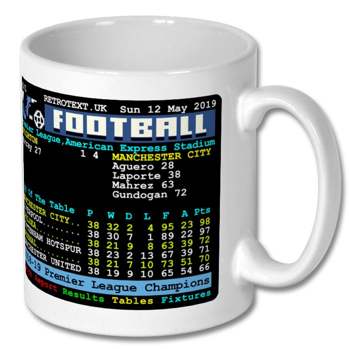 Retrotext Manchester City 2019 Premier League champions glossy white ceramic mug with teletext style league table