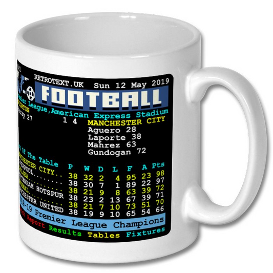 Retrotext Manchester City 2019 Premier League champions glossy white ceramic mug with teletext style league table