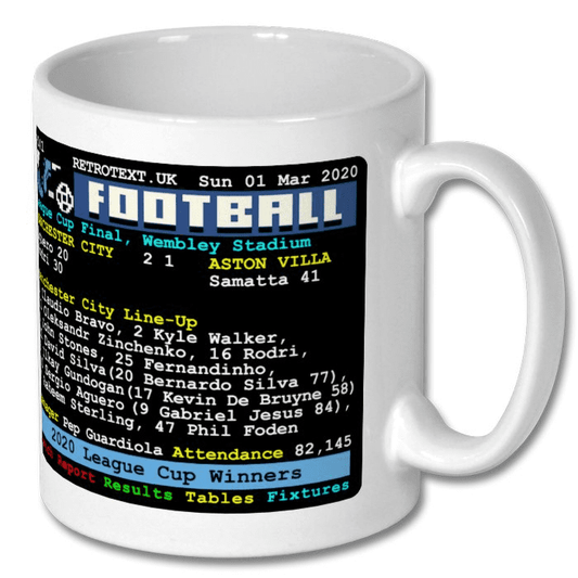 Retrotext Manchester City 2020 League Cup Winners ceramic mug featuring a retro teletext football score graphic