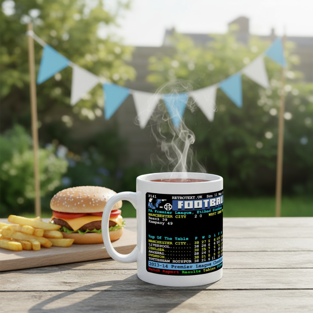 Retrotext Manchester City 2014 Premier League champions teletext mug with a glossy white finish on a wooden table.