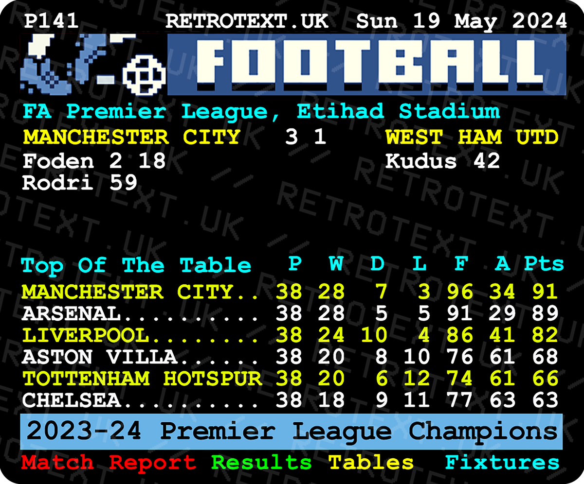 Retrotext Manchester City 2024 Premier League Champions mug featuring a teletext-style match score and league table