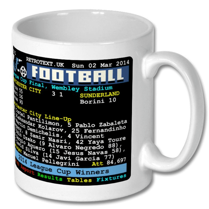 Retrotext Manchester City 2014 League Cup Winners ceramic mug featuring a nostalgic teletext match report graphic