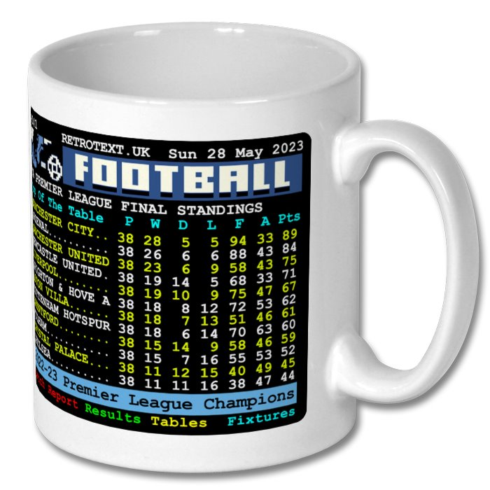 Retrotext Manchester City 2023 Premier League Champions ceramic mug featuring a retro teletext league table design